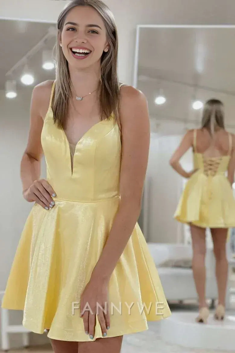 FannyWe Simple Yellow Spaghetti Straps A-line Homecoming Dress formal wear dresses